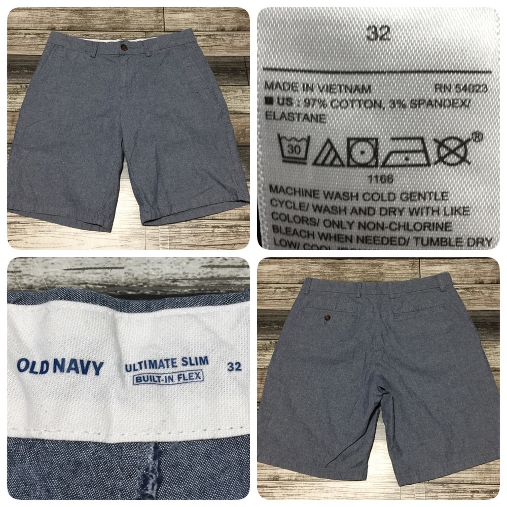 Old Navy Ultimate Slim Chambray Shorts Men’s 32 Blue Built In Flex (Inseam 9.5)